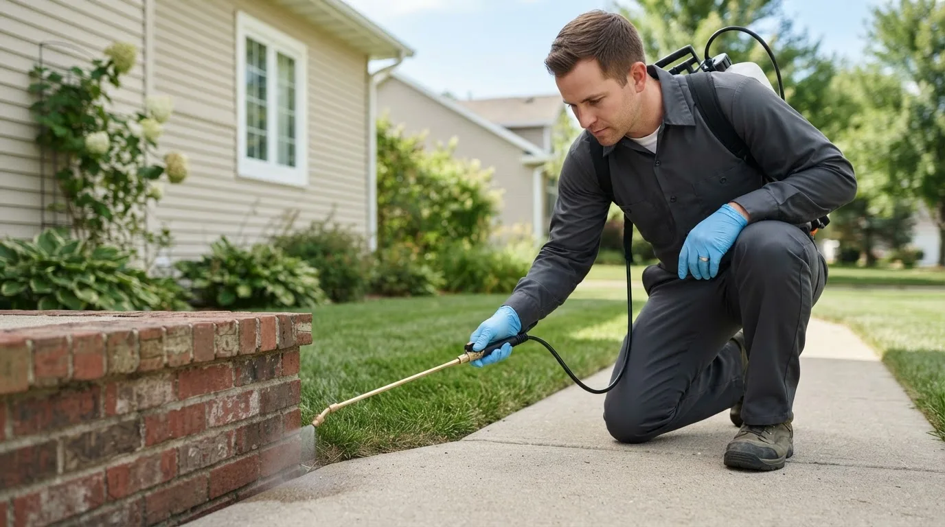 Pest control technician treating a home near South Pekin, IL