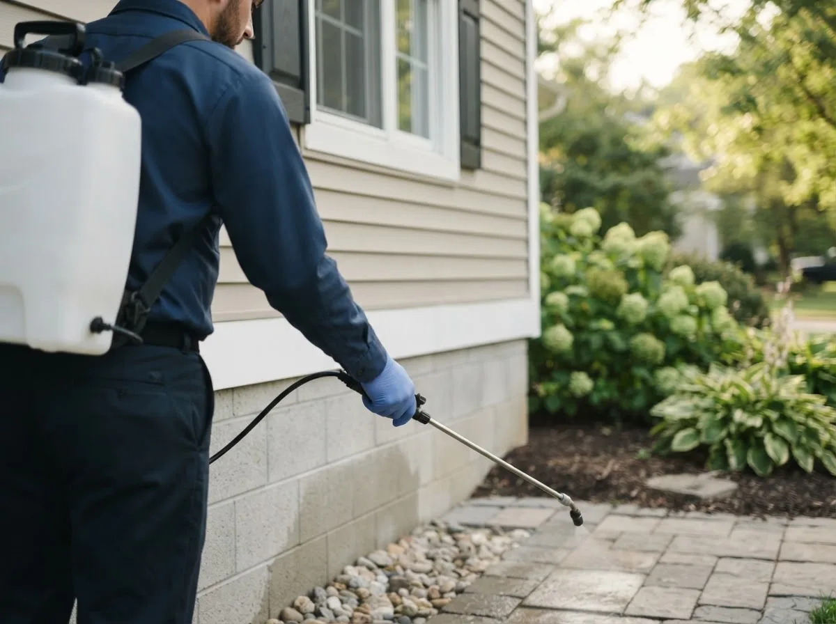 Pest control technician inspecting a home in South Pekin, IL